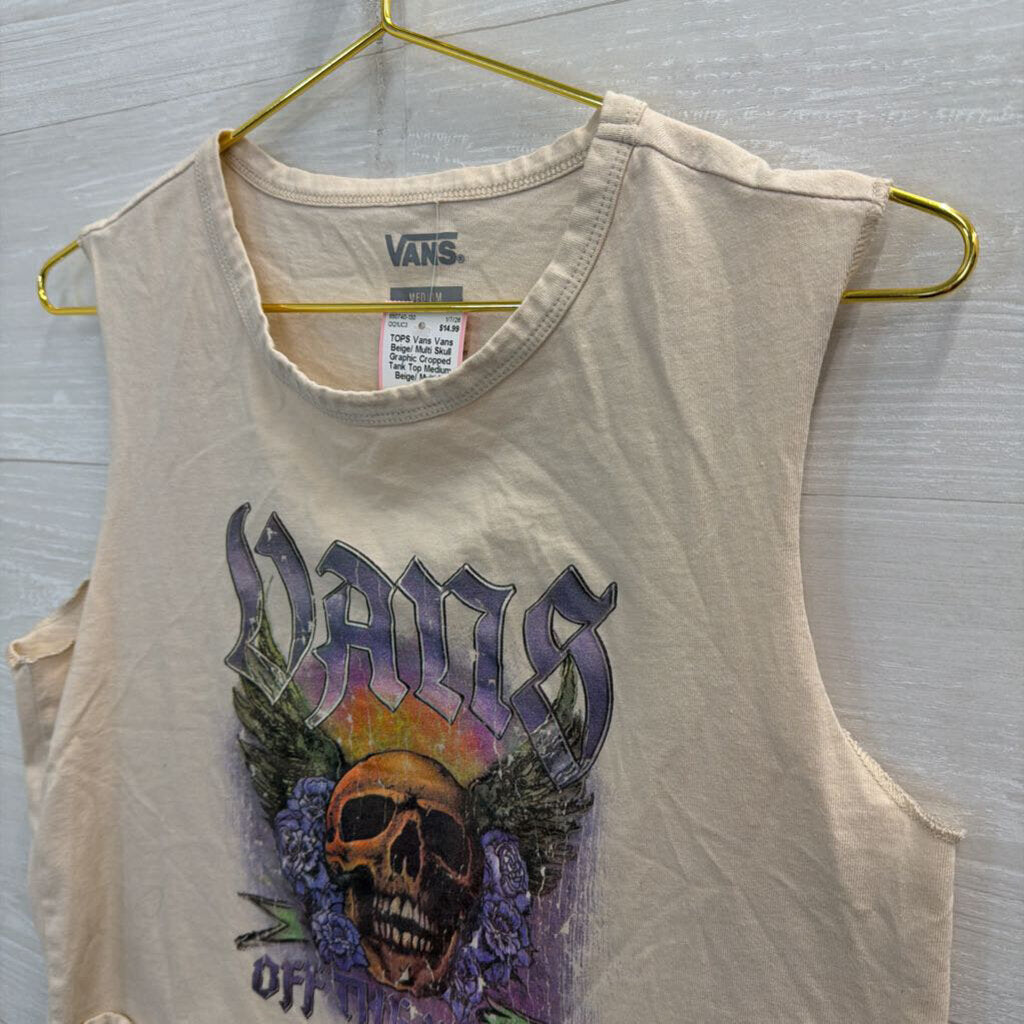 Vans Beige/ Multi Skull Graphic Cropped Tank Top Medium