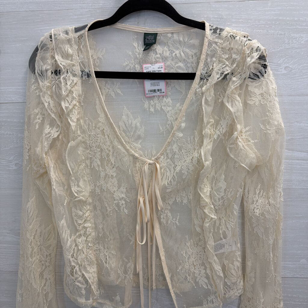 Cream Sheer Lace Tie Front Long Sleeve Top Medium