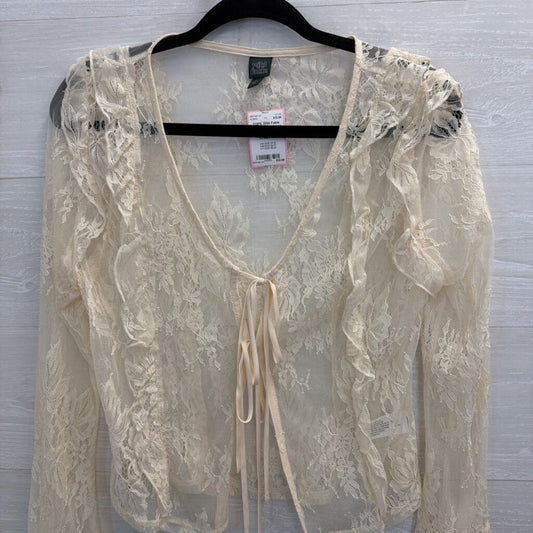 Cream Sheer Lace Tie Front Long Sleeve Top Medium