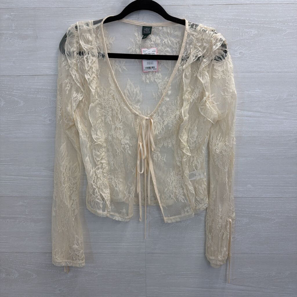 Cream Sheer Lace Tie Front Long Sleeve Top Medium