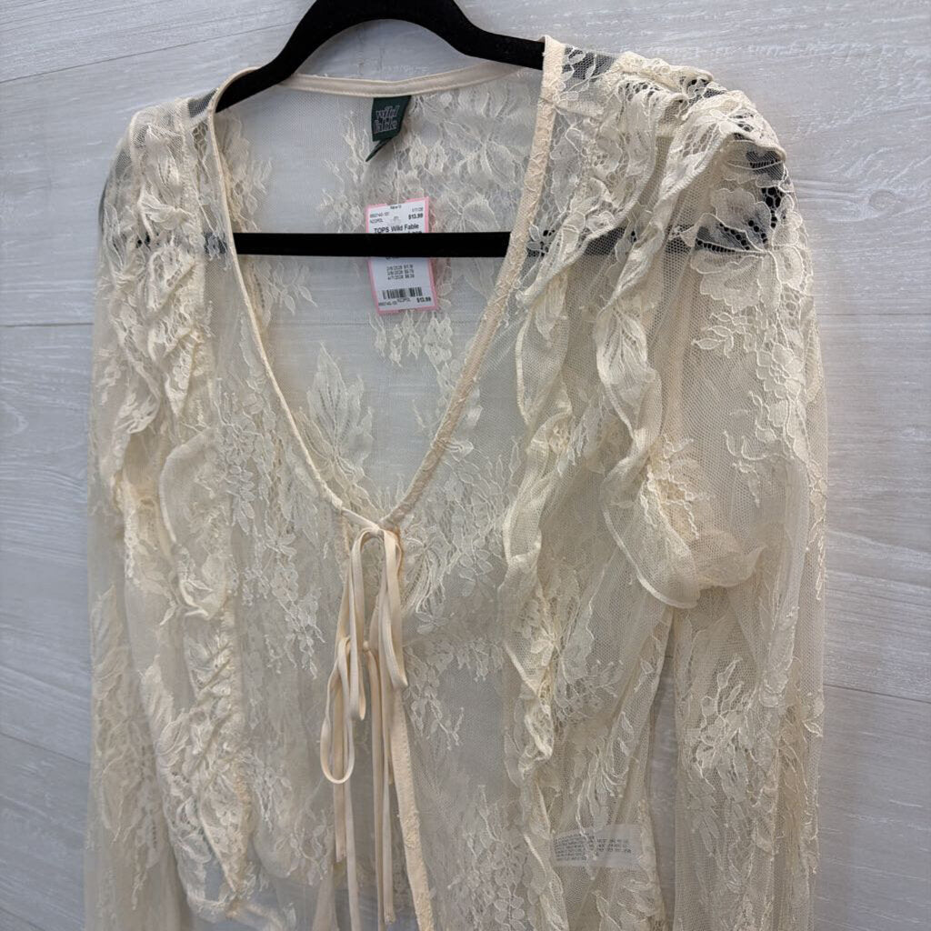 Cream Sheer Lace Tie Front Long Sleeve Top Medium
