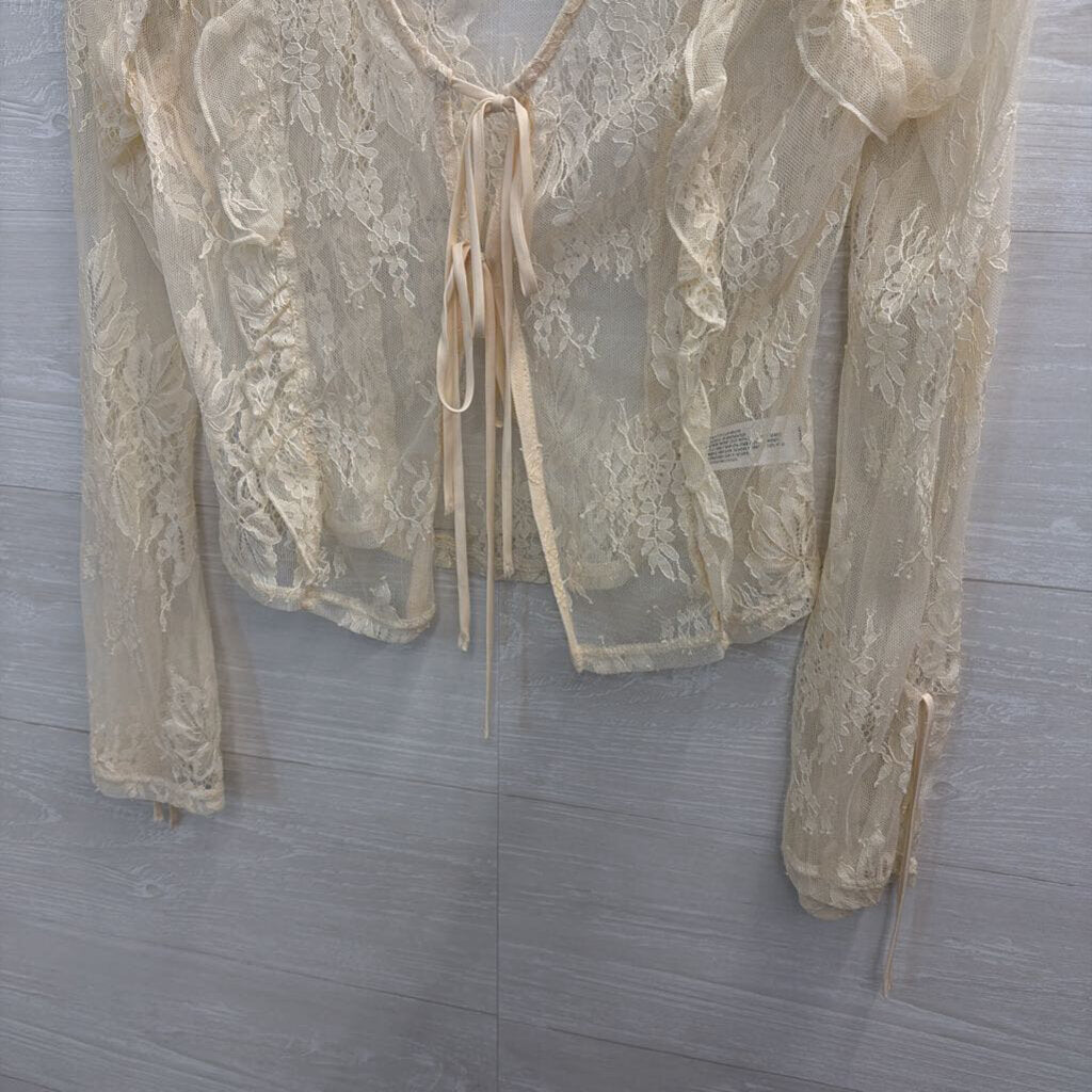 Cream Sheer Lace Tie Front Long Sleeve Top Medium