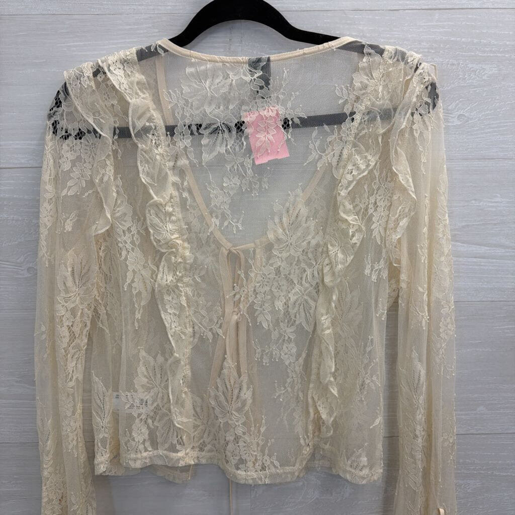 Cream Sheer Lace Tie Front Long Sleeve Top Medium
