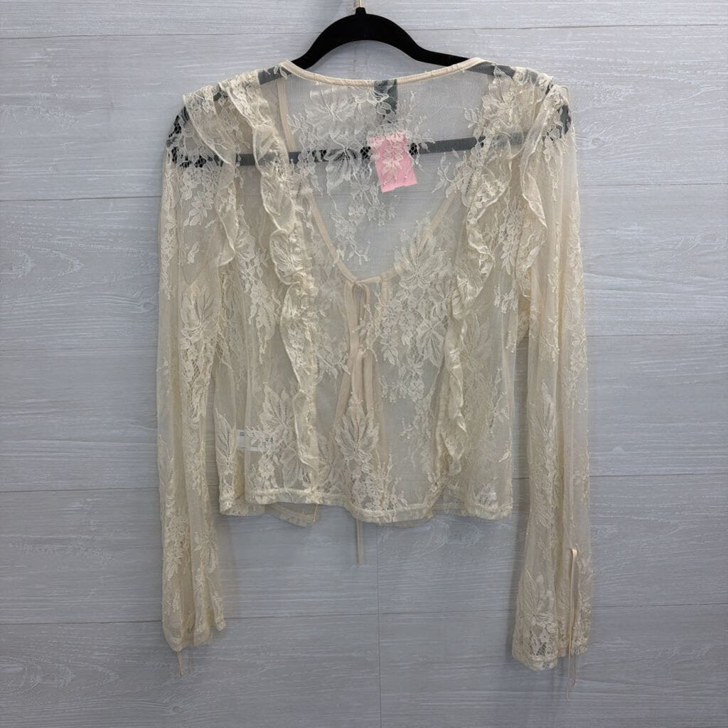 Cream Sheer Lace Tie Front Long Sleeve Top Medium