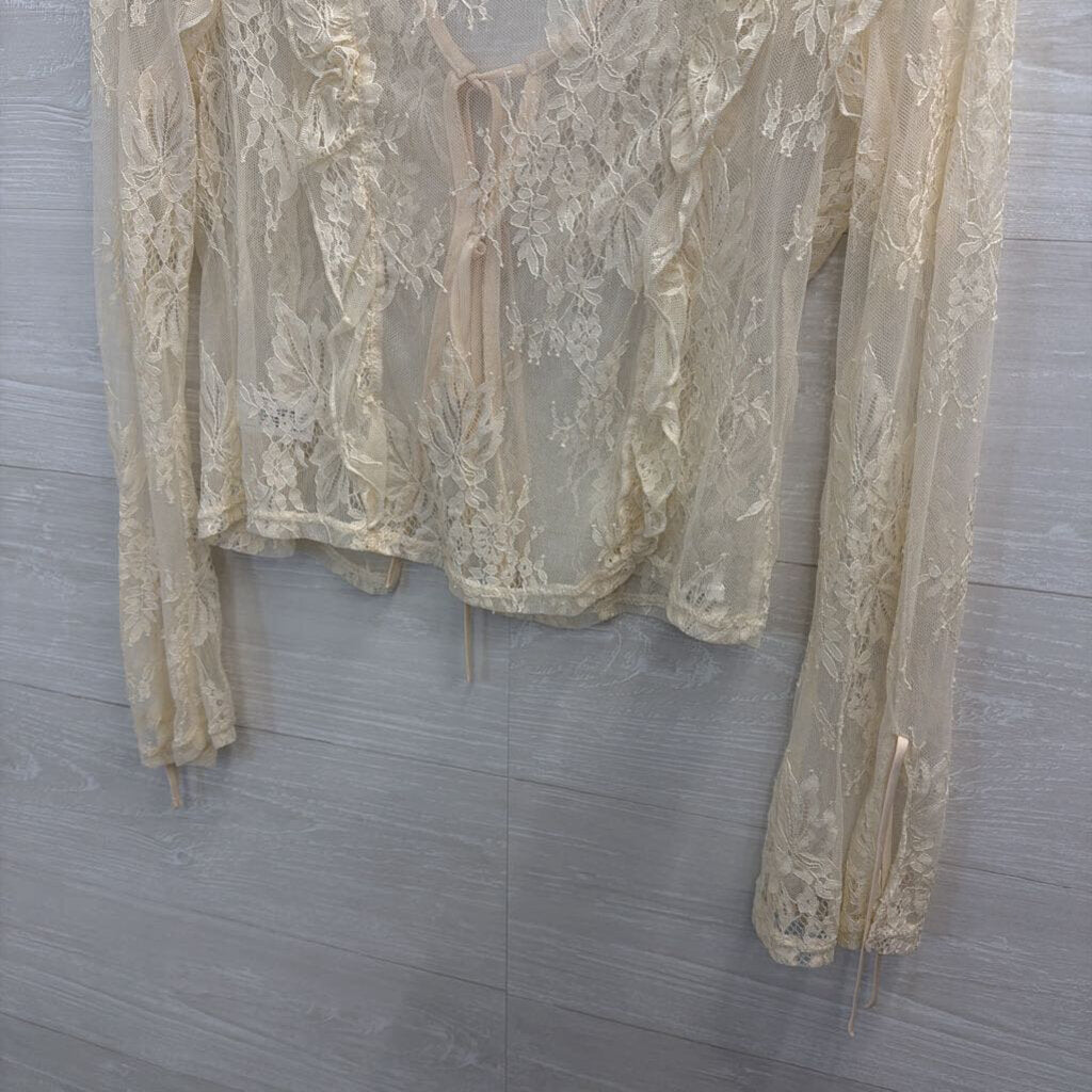 Cream Sheer Lace Tie Front Long Sleeve Top Medium