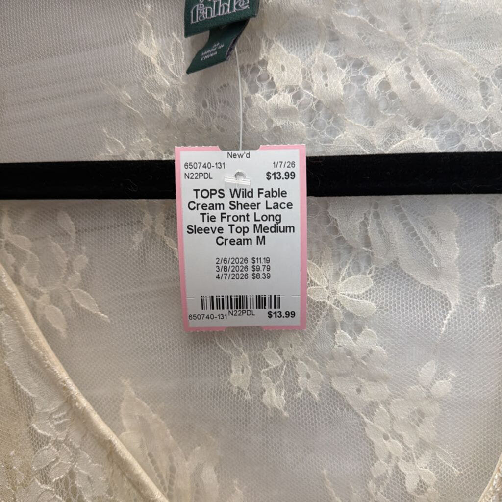 Cream Sheer Lace Tie Front Long Sleeve Top Medium