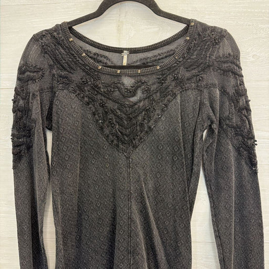 Free People Black Embroidered Studded Detail Long Sleeve Top Small