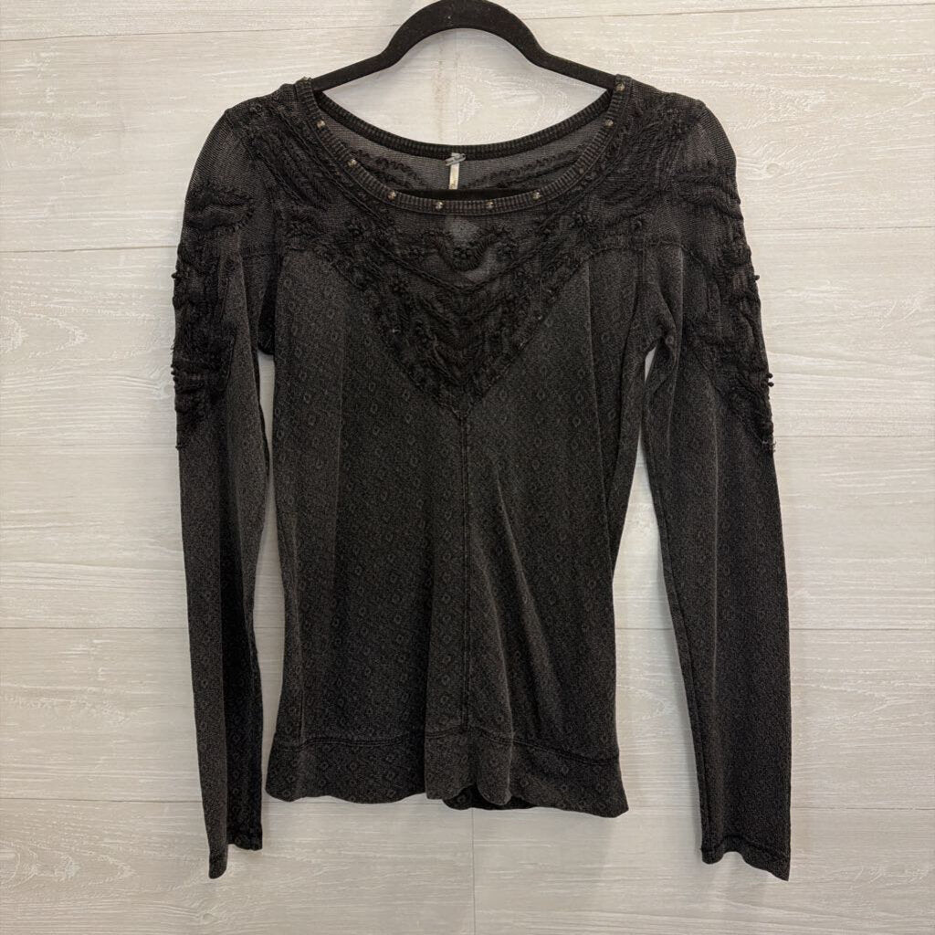Free People Black Embroidered Studded Detail Long Sleeve Top Small