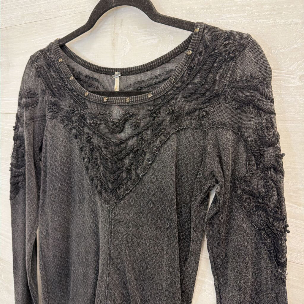Free People Black Embroidered Studded Detail Long Sleeve Top Small