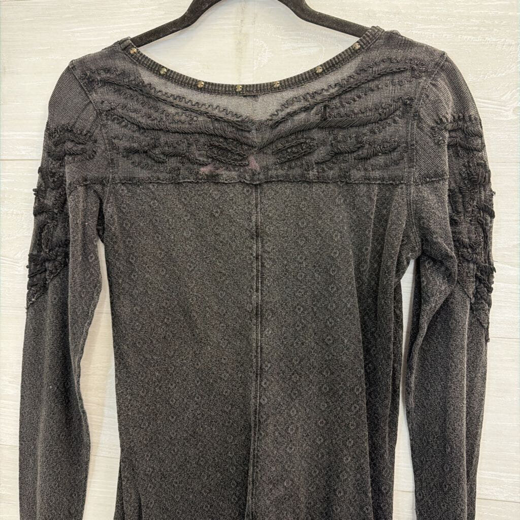 Free People Black Embroidered Studded Detail Long Sleeve Top Small