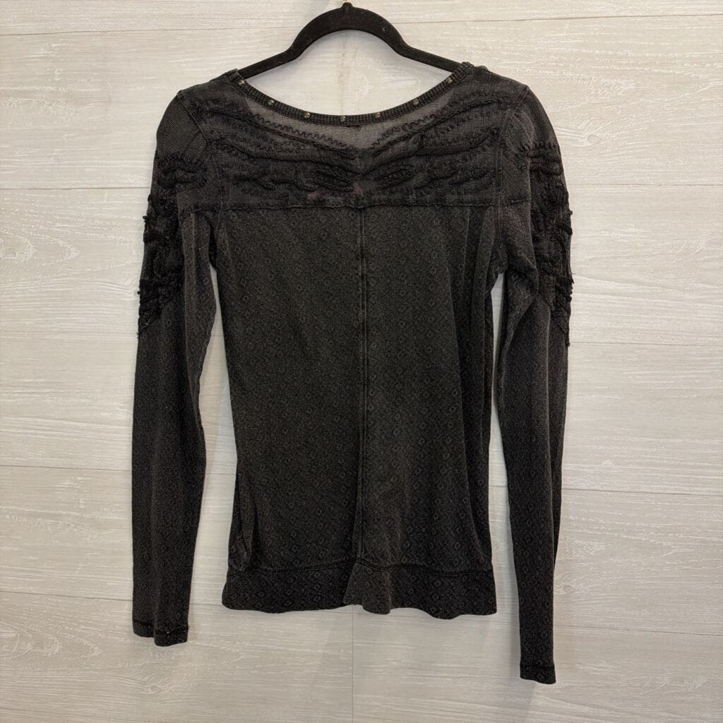 Free People Black Embroidered Studded Detail Long Sleeve Top Small