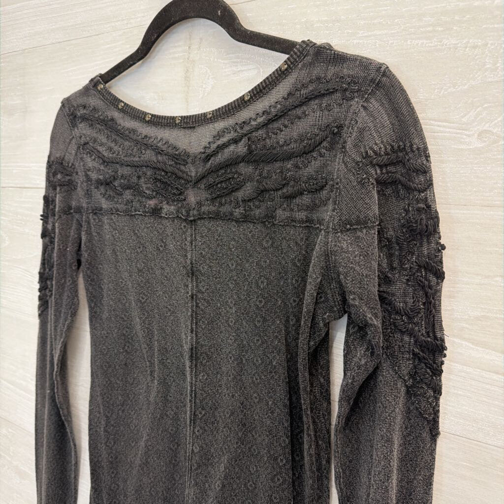 Free People Black Embroidered Studded Detail Long Sleeve Top Small