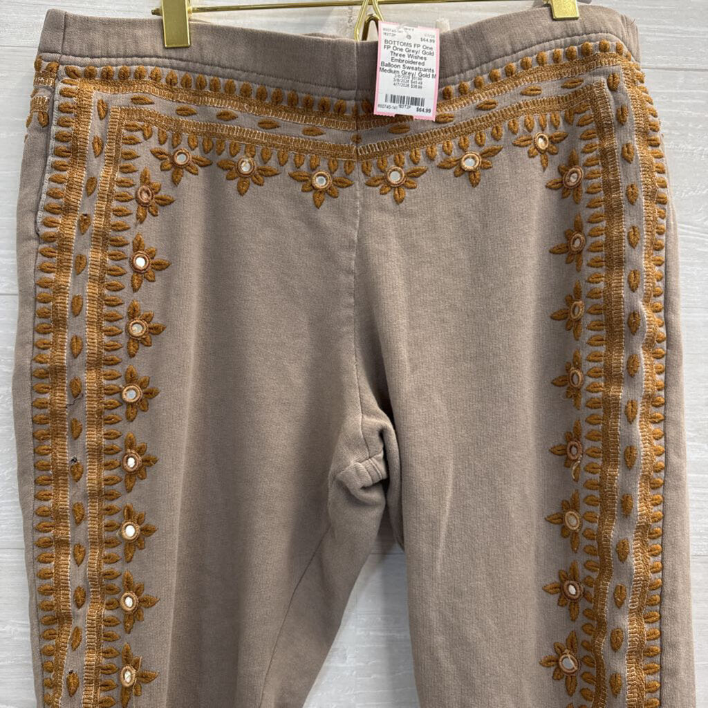 FP One Grey/ Gold Three Wishes Embroidered Balloon Sweatpants Medium