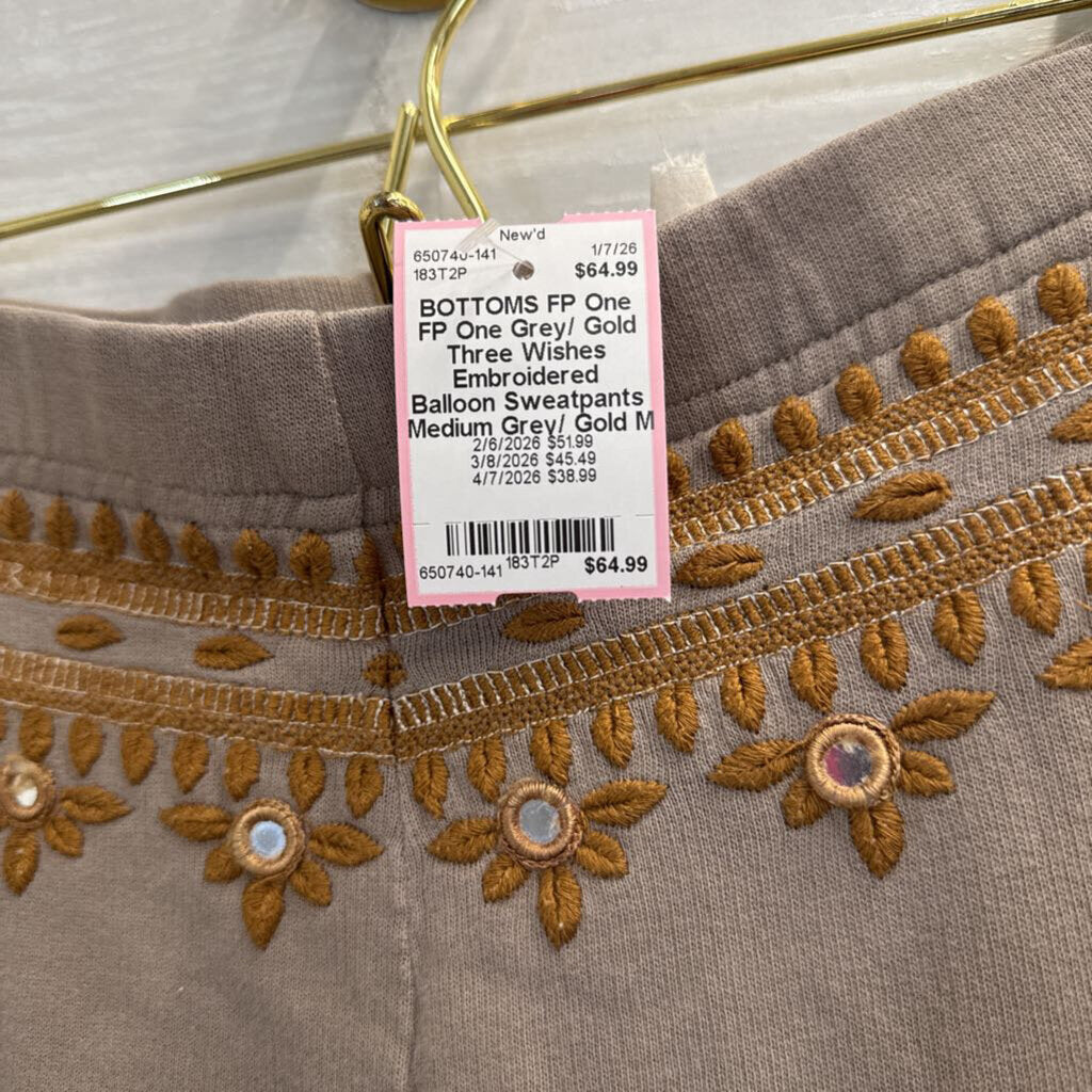 FP One Grey/ Gold Three Wishes Embroidered Balloon Sweatpants Medium