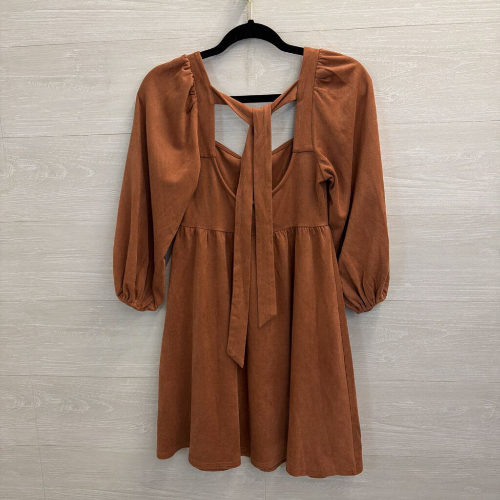 Flying Tomato Burnt Orange Soft Suede Long Puff Sleeve Dress Small