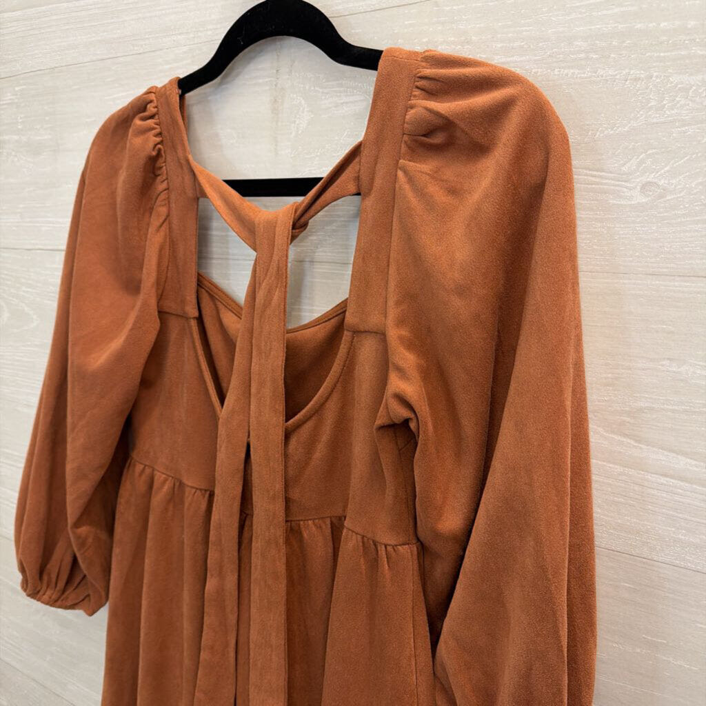 Flying Tomato Burnt Orange Soft Suede Long Puff Sleeve Dress Small