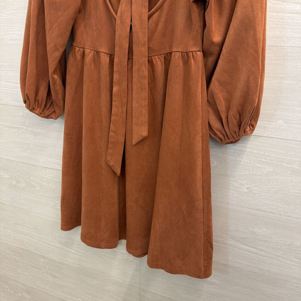 Flying Tomato Burnt Orange Soft Suede Long Puff Sleeve Dress Small
