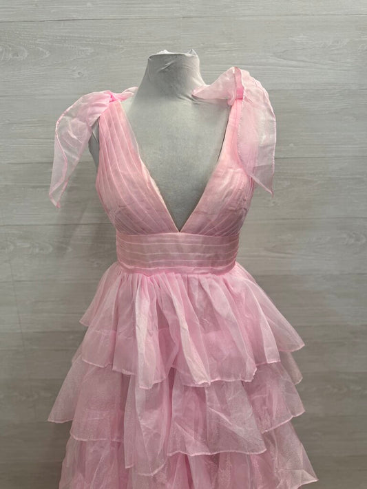 Pink Layered Skirt Bow Strap Detail Long Formal Dress 8