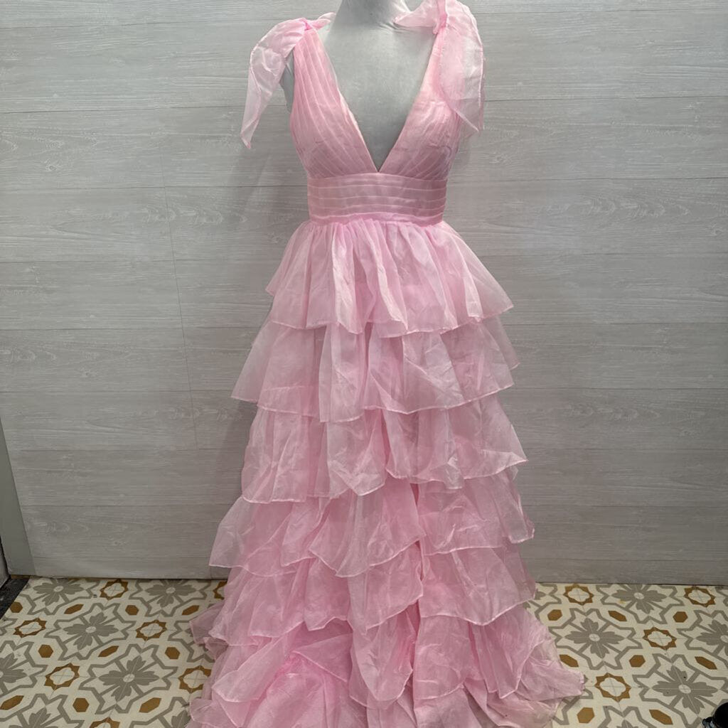 Pink Layered Skirt Bow Strap Detail Long Formal Dress 8