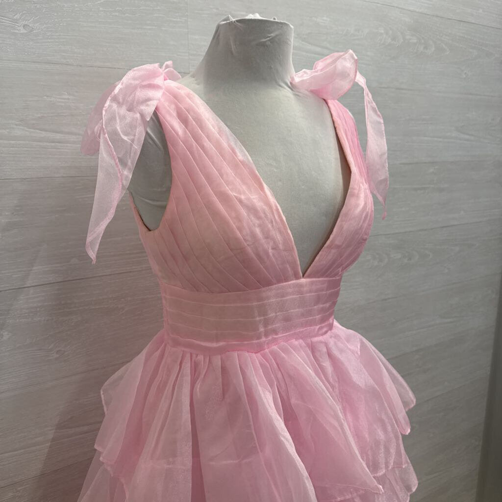 Pink Layered Skirt Bow Strap Detail Long Formal Dress 8