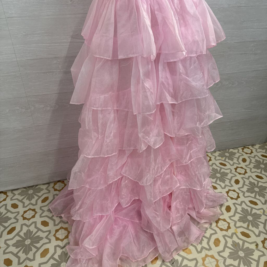 Pink Layered Skirt Bow Strap Detail Long Formal Dress 8