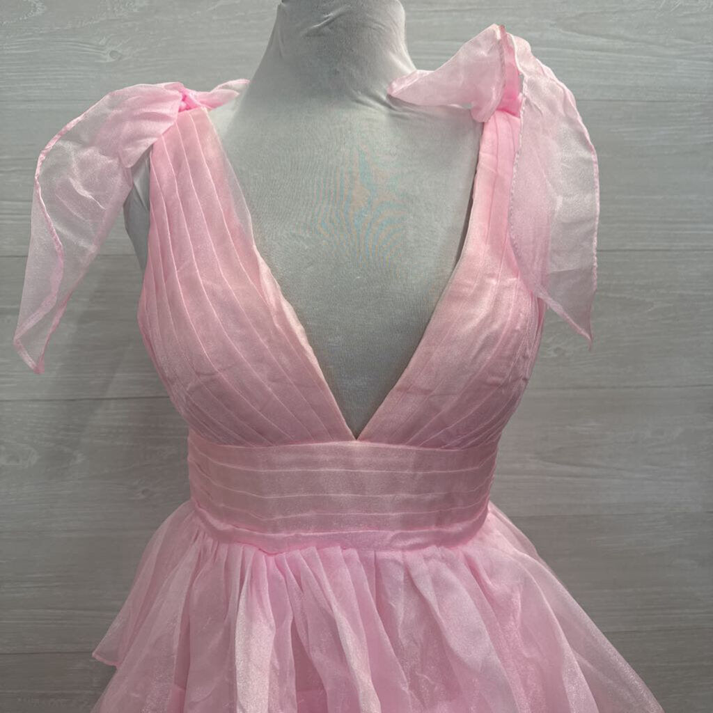 Pink Layered Skirt Bow Strap Detail Long Formal Dress 8