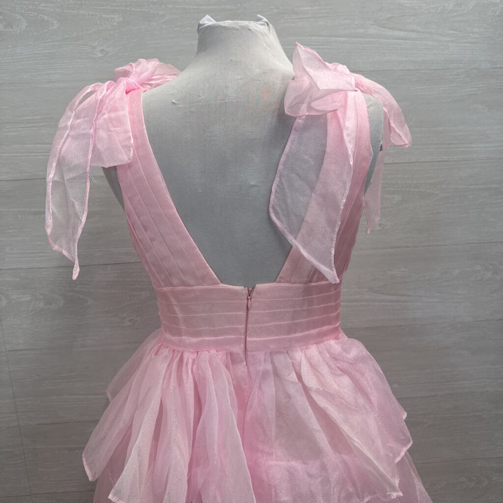 Pink Layered Skirt Bow Strap Detail Long Formal Dress 8