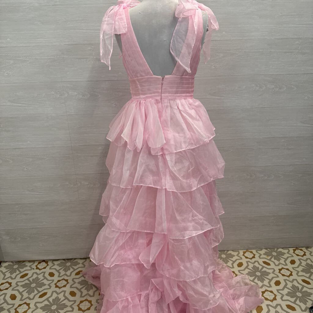 Pink Layered Skirt Bow Strap Detail Long Formal Dress 8