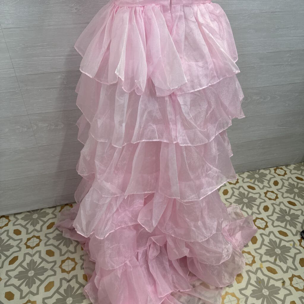 Pink Layered Skirt Bow Strap Detail Long Formal Dress 8