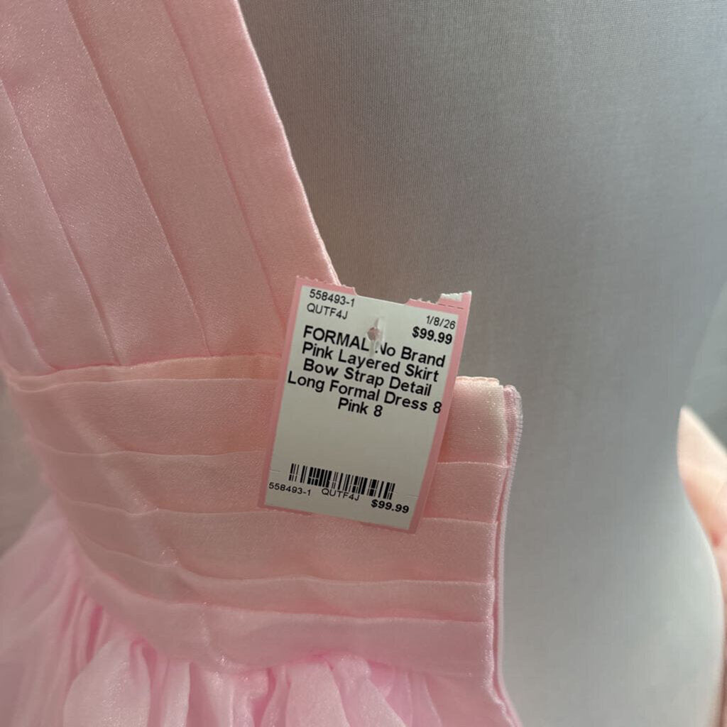 Pink Layered Skirt Bow Strap Detail Long Formal Dress 8