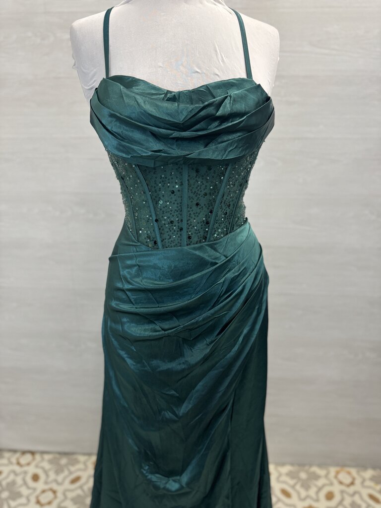Green Silky Corset Top Long Formal Dress 6