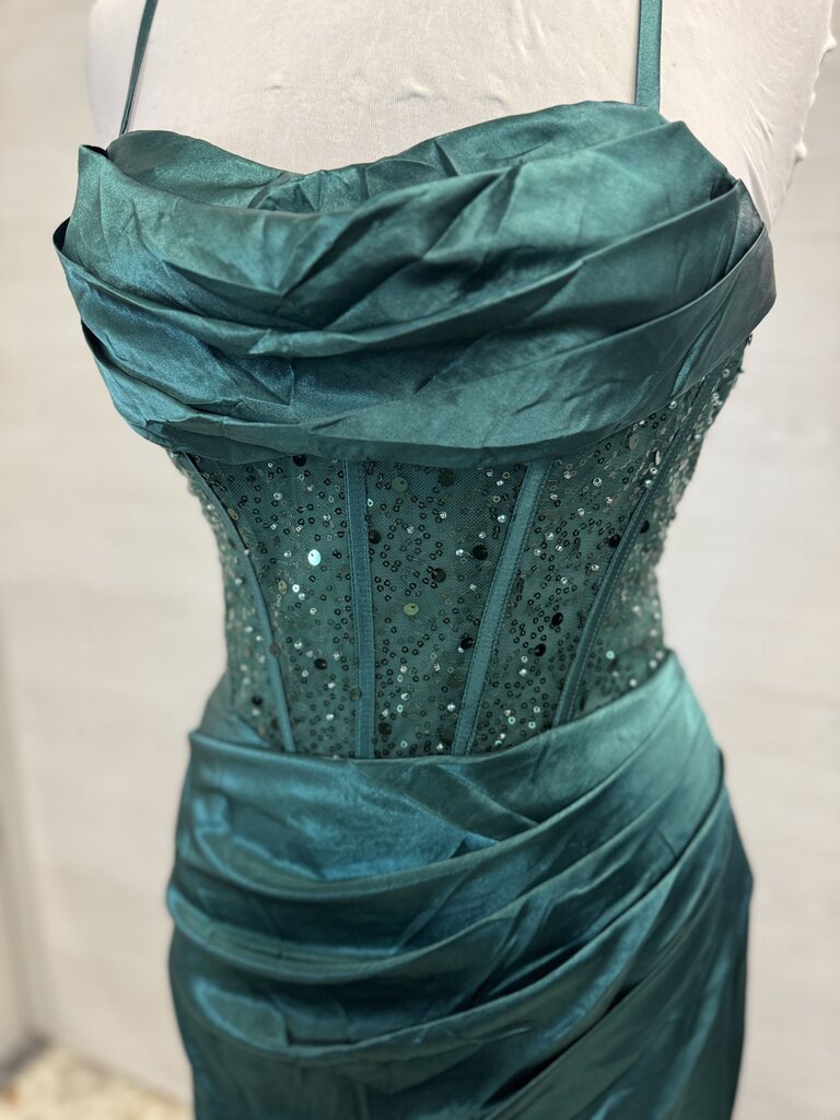 Green Silky Corset Top Long Formal Dress 6