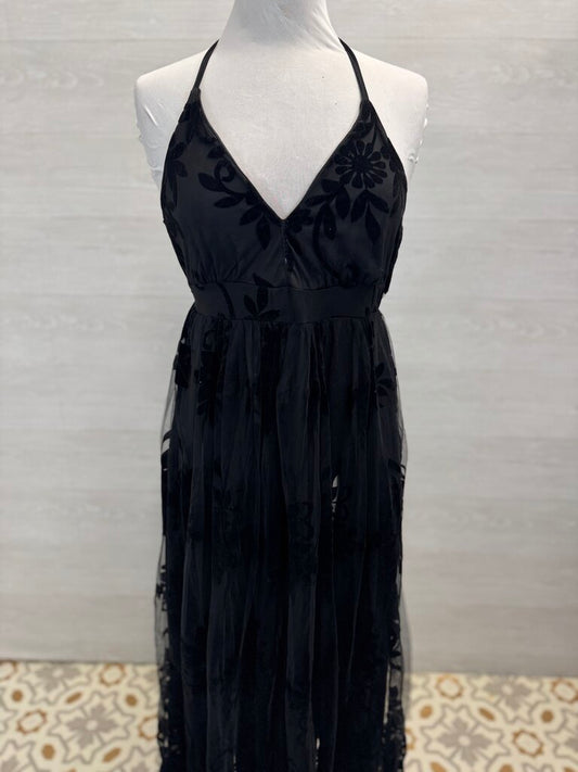 Black Velvet Print Halter Neck Long Formal Dress Small
