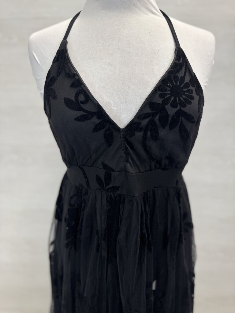 Black Velvet Print Halter Neck Long Formal Dress Small