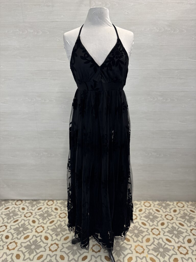 Black Velvet Print Halter Neck Long Formal Dress Small
