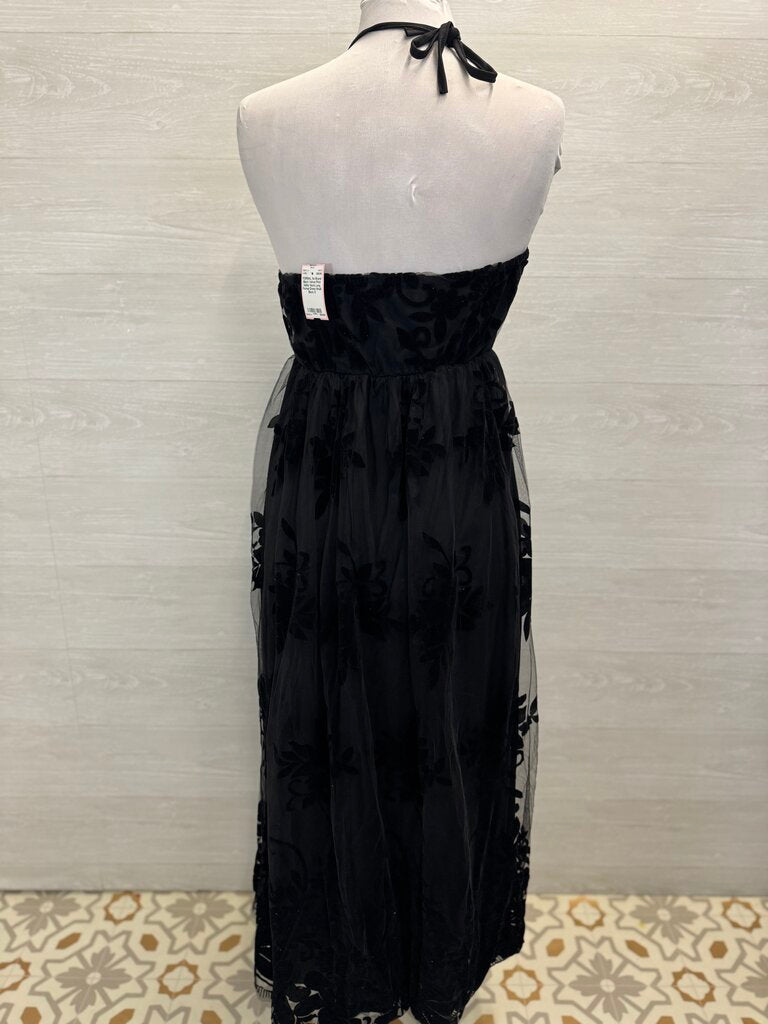 Black Velvet Print Halter Neck Long Formal Dress Small