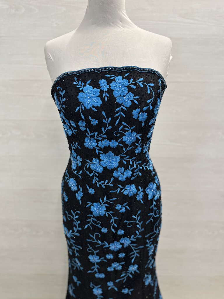 Vintage Jovani Black/ Blue Floral Embroidered/ Beaded Strapless Long Formal Dress 8