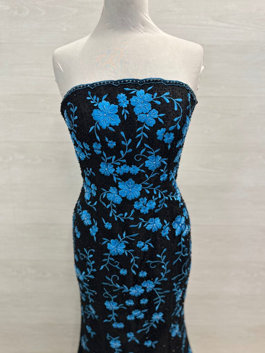 Vintage Jovani Black/ Blue Floral Embroidered/ Beaded Strapless Long Formal Dress 8