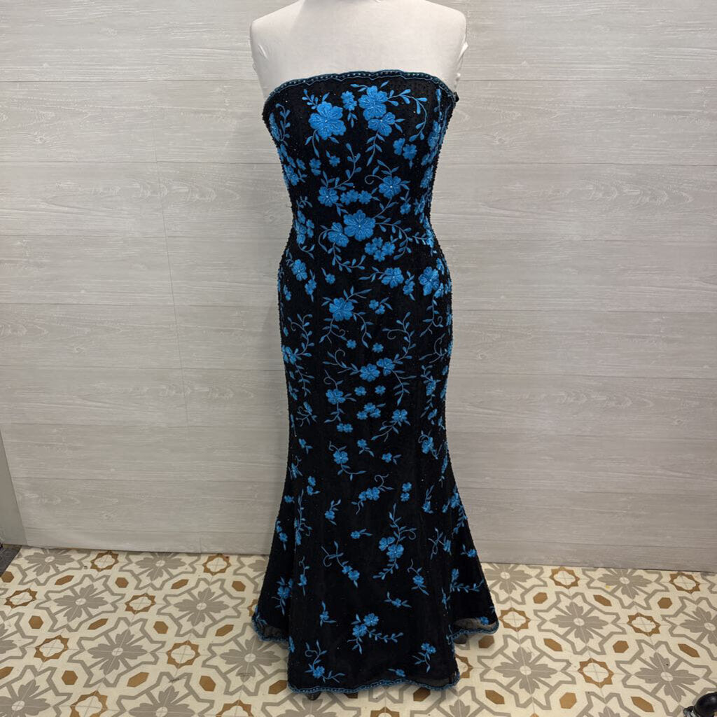 Vintage Jovani Black/ Blue Floral Embroidered/ Beaded Strapless Long Formal Dress 8