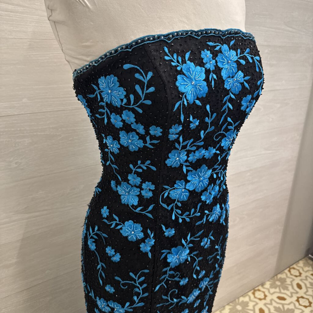 Vintage Jovani Black/ Blue Floral Embroidered/ Beaded Strapless Long Formal Dress 8