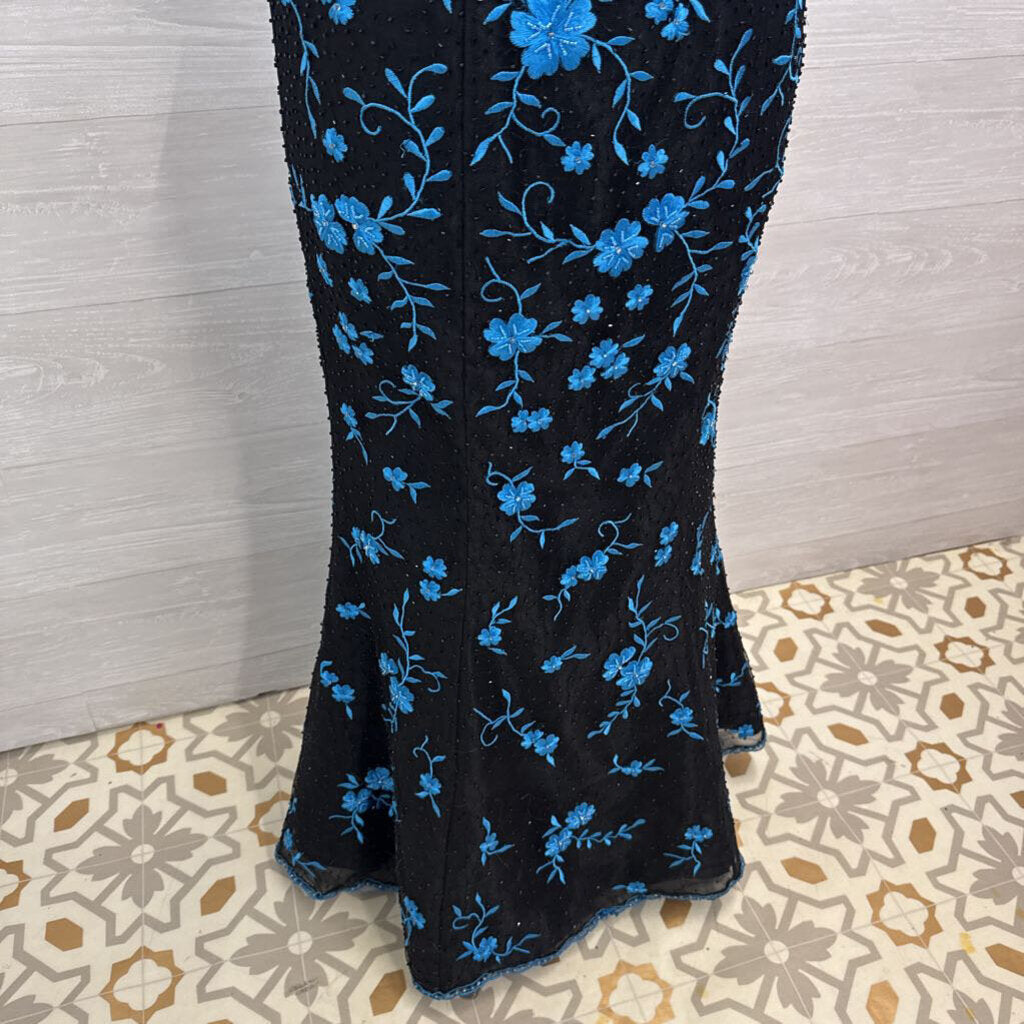 Vintage Jovani Black/ Blue Floral Embroidered/ Beaded Strapless Long Formal Dress 8