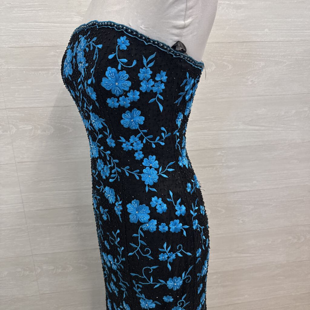Vintage Jovani Black/ Blue Floral Embroidered/ Beaded Strapless Long Formal Dress 8