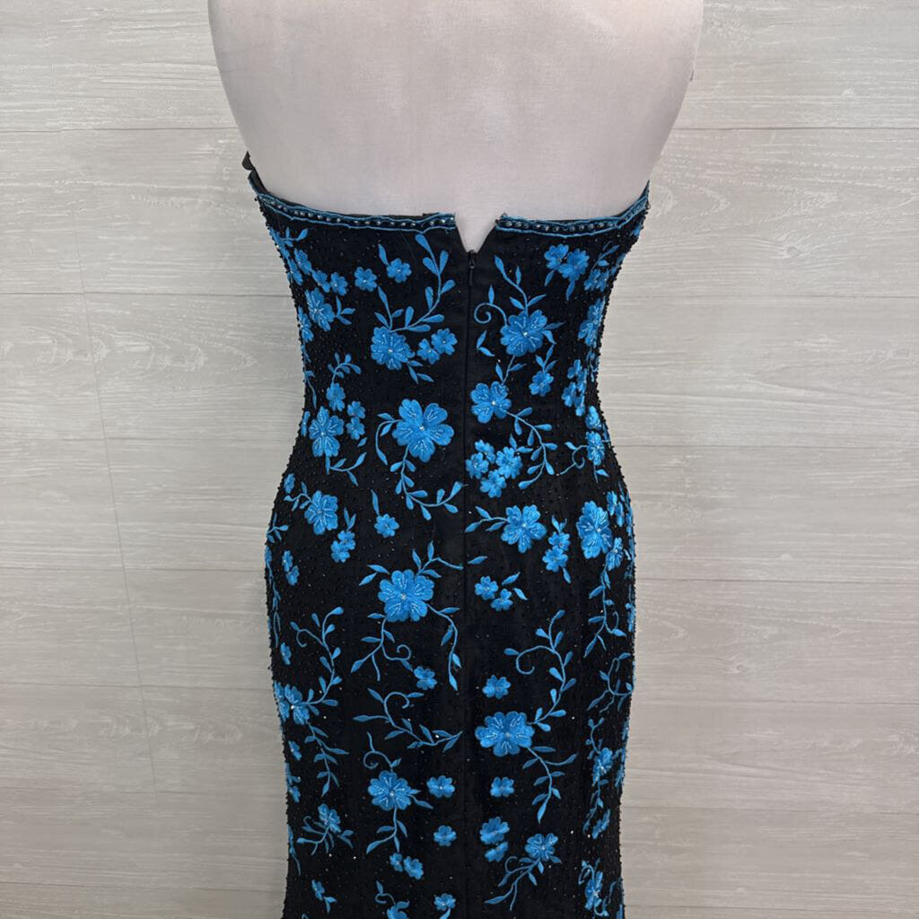 Vintage Jovani Black/ Blue Floral Embroidered/ Beaded Strapless Long Formal Dress 8