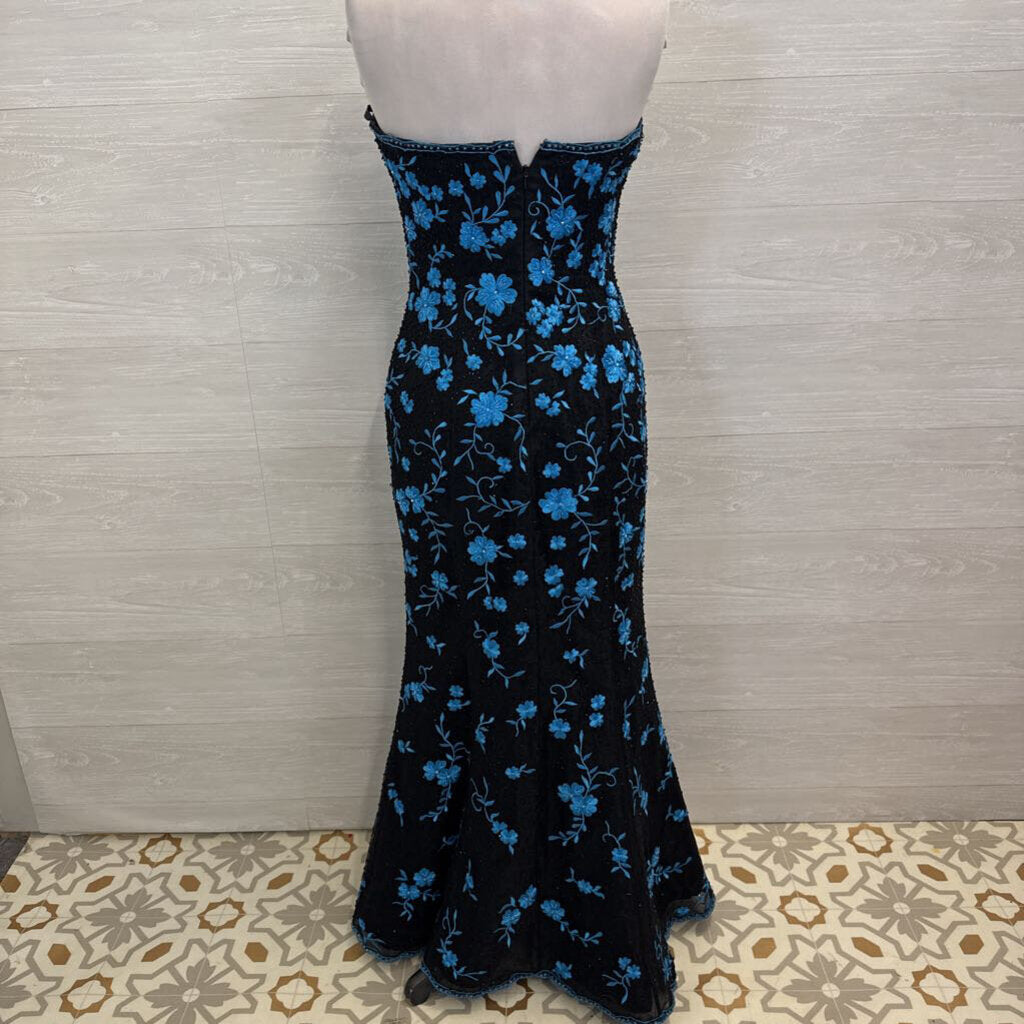 Vintage Jovani Black/ Blue Floral Embroidered/ Beaded Strapless Long Formal Dress 8
