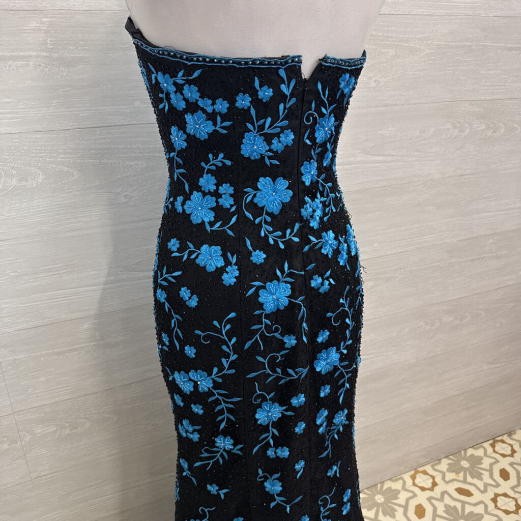 Vintage Jovani Black/ Blue Floral Embroidered/ Beaded Strapless Long Formal Dress 8