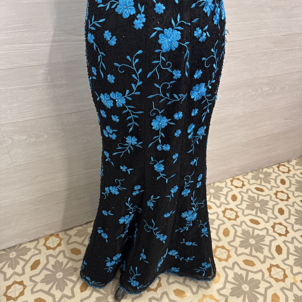 Vintage Jovani Black/ Blue Floral Embroidered/ Beaded Strapless Long Formal Dress 8