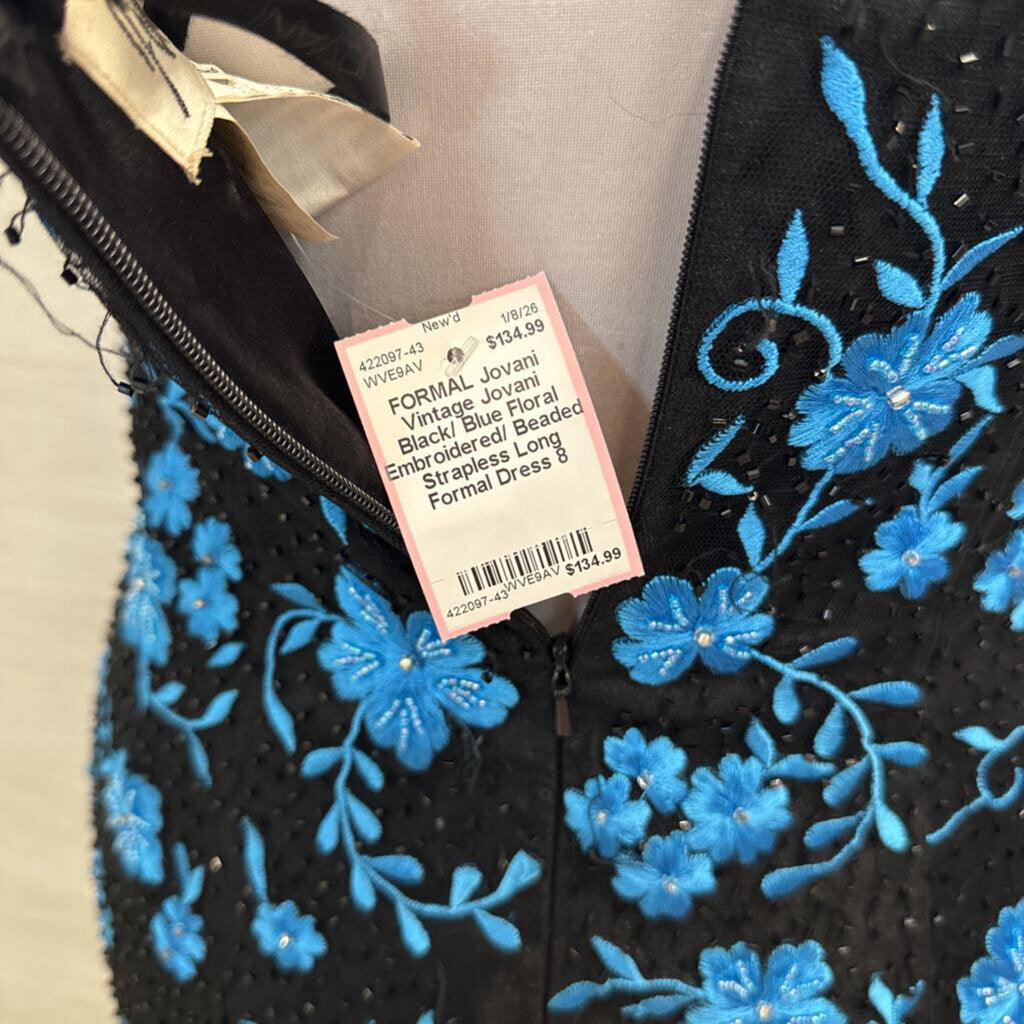 Vintage Jovani Black/ Blue Floral Embroidered/ Beaded Strapless Long Formal Dress 8