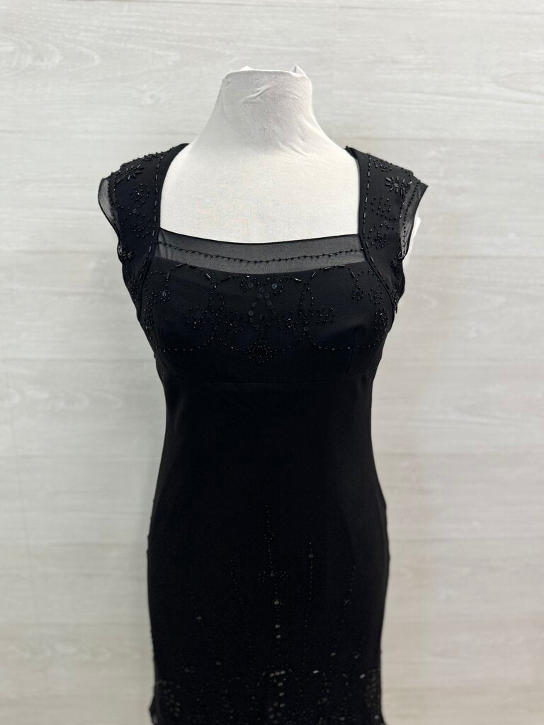 Papell Black Cap Sleeve Beaded Detail Midi Dress 6P