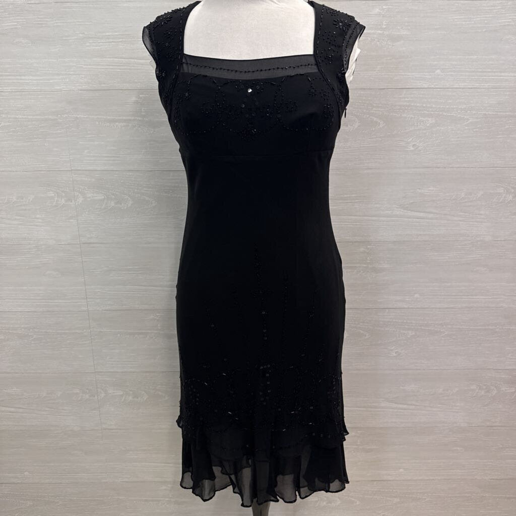 Papell Black Cap Sleeve Beaded Detail Midi Dress 6P