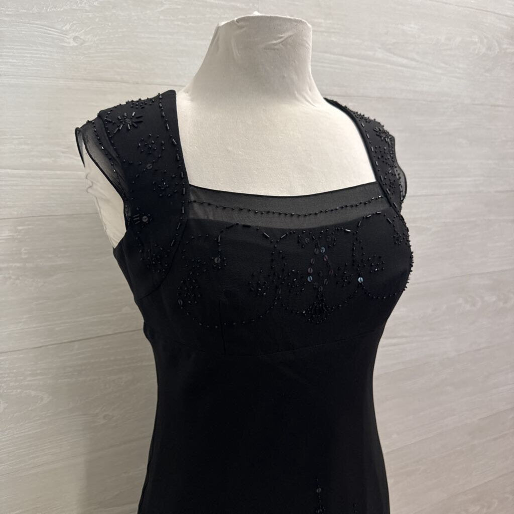 Papell Black Cap Sleeve Beaded Detail Midi Dress 6P